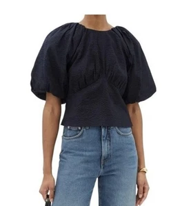 Frame Seersucker Voile Puff Sleeve Top Shirt Navy Size S Minimalist - Picture 1 of 8