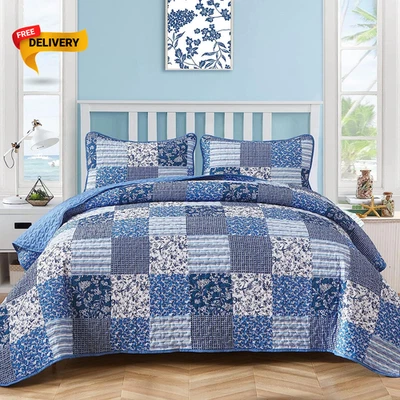 Blue Boho Quilt Set King Size 3 Pieces Plaid Floral Bedspread Coverlet Set - Image 1 of 4
