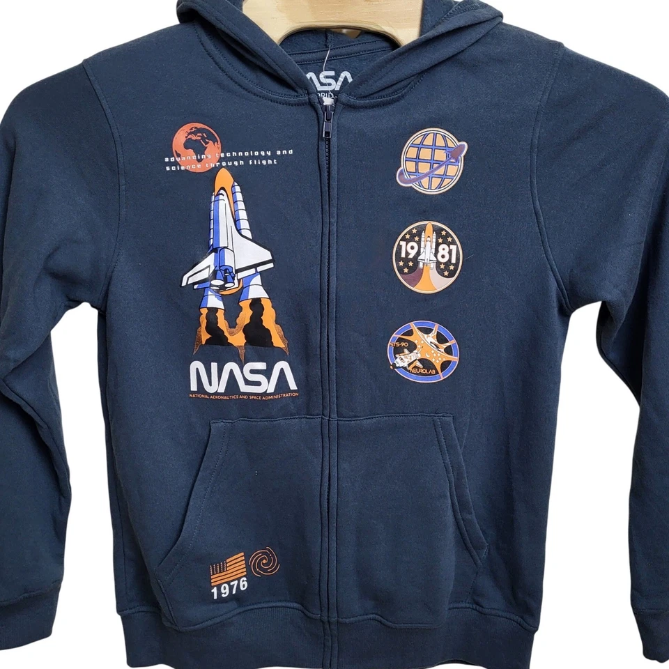 NASA Kids XL Ropa Híbrida Cremallera Completa Sudadera con Capucha Transbordador Espacial Cohete Parches Azul Foto 1 de 4