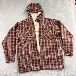 BTC Sherpa Lined Hooded Flannel Jacket Men’s L Red Plaid Needs Zipper Pull - Picture 1 of 8