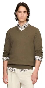 TOMMY HILFIGER Men's Cotton V Neck Sweater, ArmyGreen, XL - Picture 1 of 5