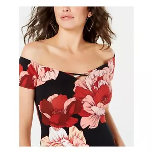 GUESS Top nero floreale spalle scoperte, stampa papavero radiante GRANDE - Foto 1 di 3