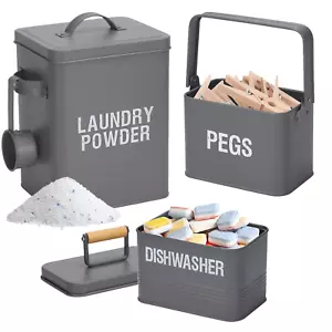 3 Pc Laundry Dishwasher Detergent Storage Box Metal Tin Peg Container Lid Grey - Picture 1 of 13