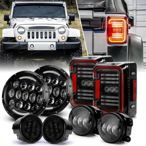 For Jeep Wrangler JK 07-2018 7" LED Headlights Angel Eyes Fog Signal Tail Lights - Picture 1 of 16