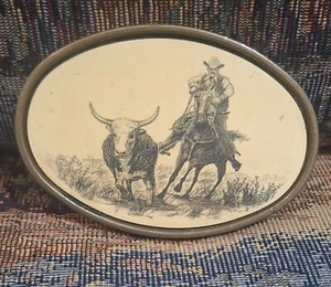 Langhorn Viehtrieb Western Barlow Cowboy Gürtelschnalle, massiv Messing RAR - Bild 1 von 11