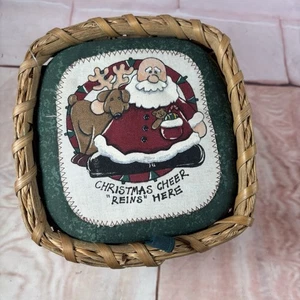 Christmas decor woven basket Santa Claus Fabric lid “Christmas Cheer Reins Here” - Picture 1 of 12