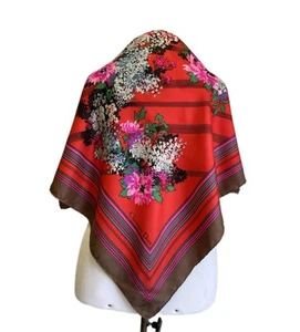 Christian Dior Vintage Silk Scarf Red Floral Striped Border Square #A37 - Picture 1 of 7