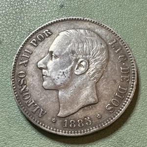 SPAIN ~ 1885 ~ SILVER 5 PESETAS ~ .900 World Silver Coin Crown - Picture 1 of 8