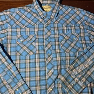 Vintage Wrangler Men’s XL Black-Pearl Snap LS Cowboy Cut Shirt Teal Blue Plaid - Picture 1 of 6