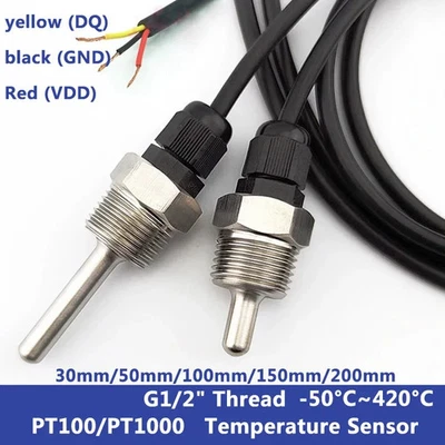 Temperature Sensor PT100 PT1000 SUS304 Platinum Resistance G1/2 BSP Thread Probe - Image 1 of 4