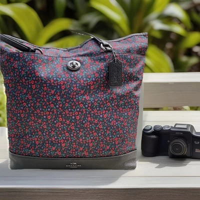 Coach ранчо цветочный печать нейлона и черный шагреневой кожи сумка с короткими ручками сумочка F59435 - Изображение 1 из 4