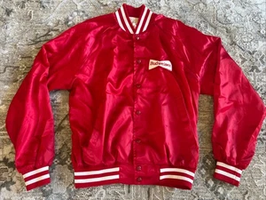 Vintage 80s Budweiser Beer Satin Red Bomber Jacket Size Large USA Made Promo - Picture 1 of 20