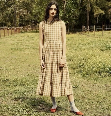 Vestido Doen Raven S 4 para mujer con volantes a cuadros de algodón en capas midi $228 Foto 1 de 4