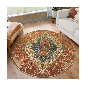 Oriental Floral 4ft Round Rugs for Living Room, Washable Non-Slip Circle Rug ... - Picture 1 of 9