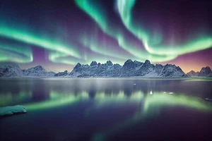 Wandbild: Aurora borealis und glücklicher Mann. Sternenhimmel, grüne [...] - Bild 1 von 17