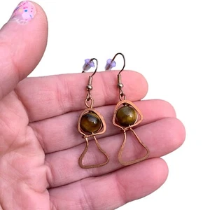 Natural Tigers Eye Copper Wire Wrapped Mushroom Earrings Nature Inspired Jewelry - Picture 1 of 6
