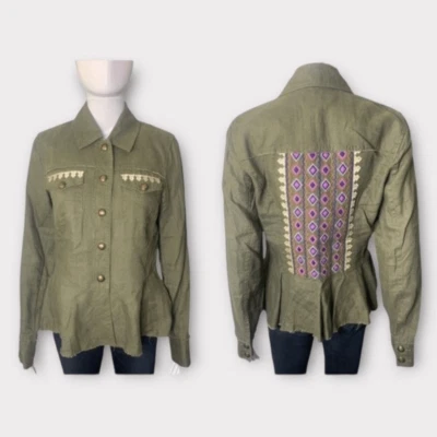 INC International Concepts Jacket Women’s Small Linen Embroidered Military Green - Image 1 of 4
