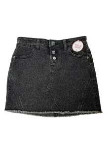 NWT Justice Denim Raw Hem Leopard Print Black Denim Jean Skirt Size 10 Girls - Picture 1 of 11