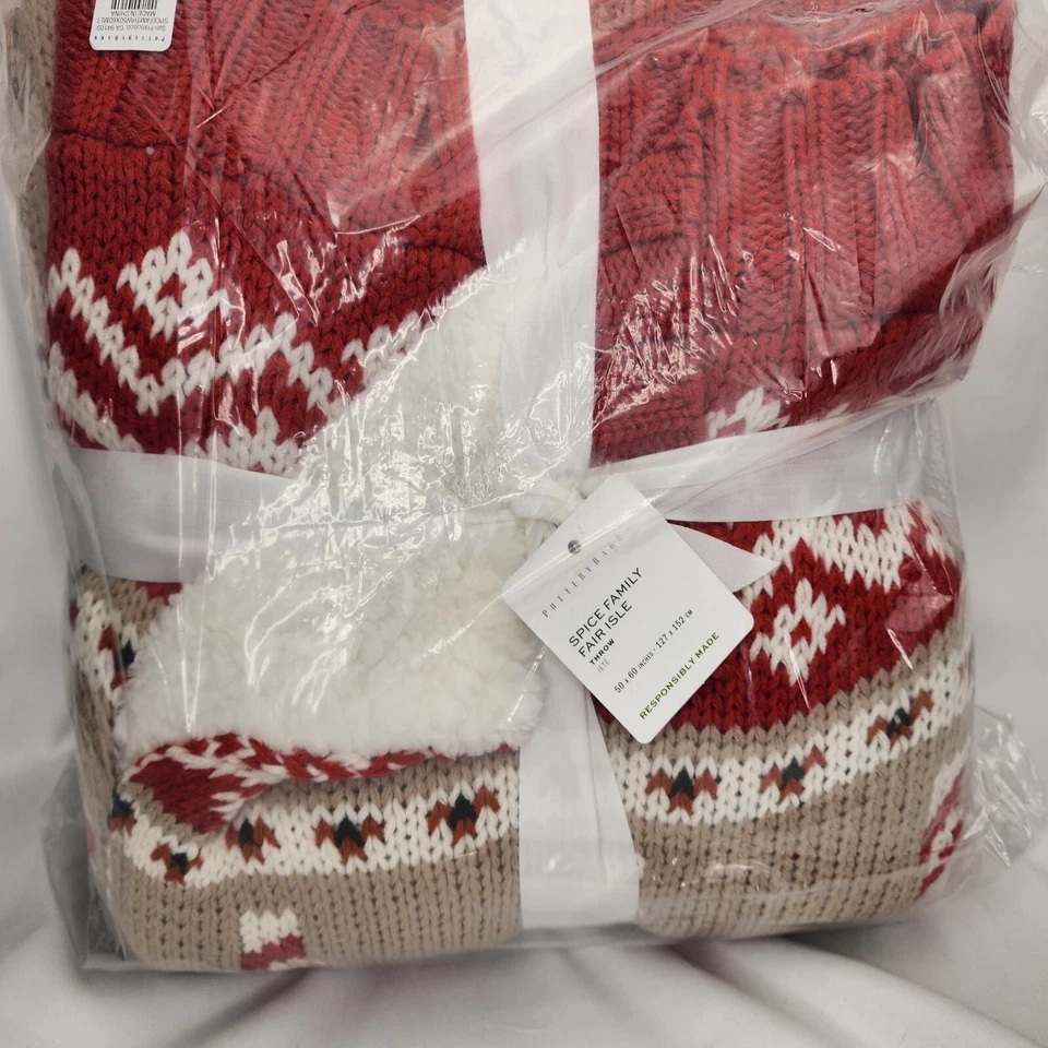 Pottery Barn ~SPICE FAIR ISLE ~ 针织毛毯 ~ CHRISTMAS ~ GINGERBREAD 50x60 — 第 1/4 张图片