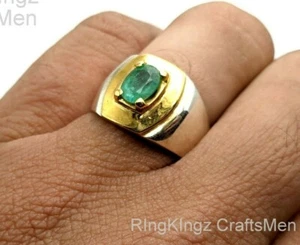Natural Emerald Stone Handmade Men Ring All Sizes 925 Sterling Silver Zumurud - Picture 1 of 7