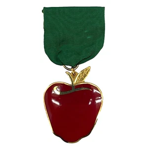 Vintage Gold Tone Red Apple Medal with Green Ribbon Pinback Button Medal - Picture 1 of 3