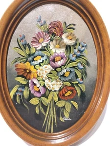 Cadre Ovale Huile Bouquet de Fleurs Nature morte Signée Elena 21 x 16 cm - Picture 1 of 6