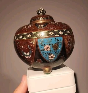 Antikes japanisches Meiji Cloisonne Goldstein Emaille Räuchergefäß Koro Ingwerglas mit Fuß - Bild 1 von 16