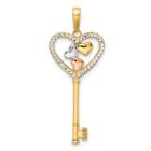 Real 14kt w/White and Rose Rhodium Diamond-cut Hearts Key Pendant