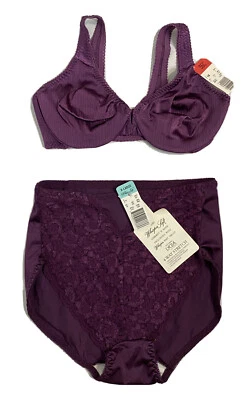 Nuevo de Lote Antiguo Conjunto de Lencería de Nylon Púrpura Panty Cintura Alta Encaje Susurro Suave XL 36C Foto 1 de 4