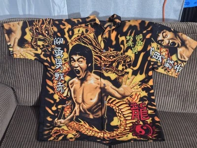 Vtg Y2K Bruce Lee Shirt Mens XL Black Orange All Over Print Short Sleeve Dragons - Image 1 of 4