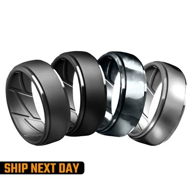 Juego de 4 anillos de silicona para hombre - bandas camufladas, plateadas, grises, negras - seguras para gimnasio, con Foto 1 de 4