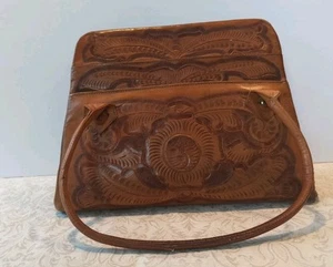 Vintage Leather Handbag Purse Tooled Carved Floral Hippie Western BoHo Brown - Picture 1 of 7
