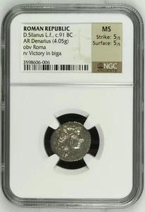 91 a.C. Repubblica Romana D.Silano L.f., Denario AR NGC Antichi MS - Foto 1 di 2