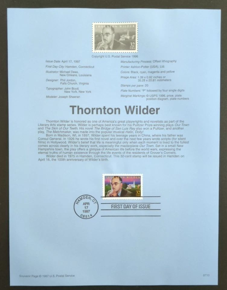 32c Thornton Wilder 1997 SOUVENIR PAGE SCOTT # 3134 SP1234 - Image 1 of 1
