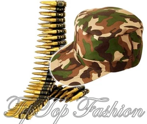 Army Camouflage Hat Cap 96Bullet Belt &150cm Bullets Belt Army Fancy Dress Party - Picture 1 of 1