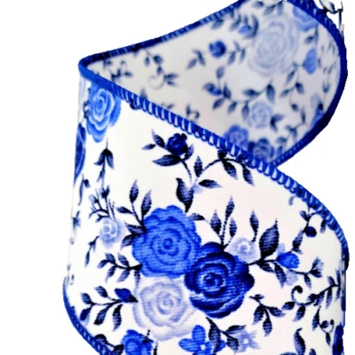 Blue Rose Patch Calico 2.5" x 2 yd Floral Wired Ribbon Spring Shades of Blue - Image 1 of 2