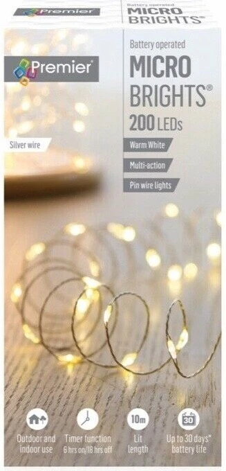 Premier 200 LED Pin Wire Christmas Lights Warm White 20m