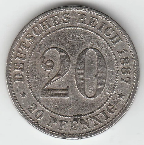 1887-D German Empire 20 Pfennig Low Mintage Scarce Nice Free Shipping Cover
