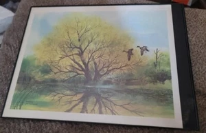 2 ducks flying over a pond by a tree painting by sherm Pehrson '76 - Picture 1 of 4
