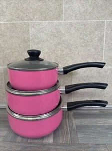 X3 Crofton Sauce Pan With Lids Pink, Glass Lid (Length 20cm - 18cm- 16cm) Used - Picture 1 of 24