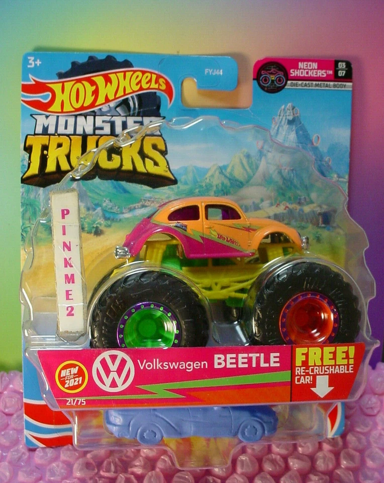 Monster Trucks VOLKSWAGEN BEETLE #21 2021 NUEVO🔥 naranja🔥AMORTIGUADORES DE NEÓN☆Hot Wheels Foto 1 de 2