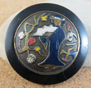 Large Japanese Antique 1758c Madam Butterfly Geisha Enamel Metal Button #1 - Picture 1 of 8