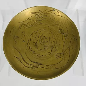 Chinese 8” Solid Brass Bowl Hand Engraved with Dragons Beautiful Vintage Japan - Picture 1 of 2