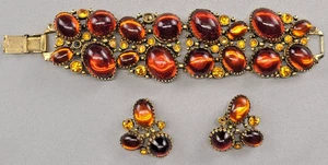 Vintage Selro Selini Stil Bernstein Cabochon & Strass Armband Ohrringe Set - Bild 1 von 7