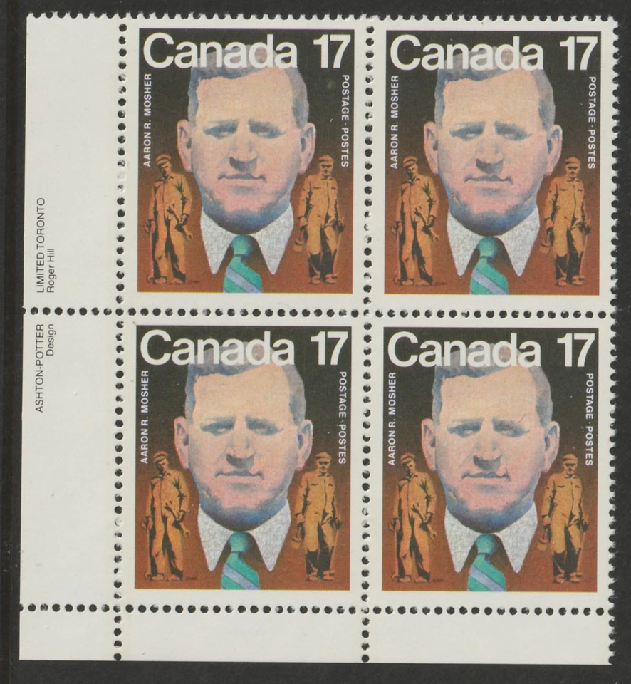 Canadá #899, Aaron Mosher, LL Bloque de placas de 4, MNH 1981 Foto 1 de 1