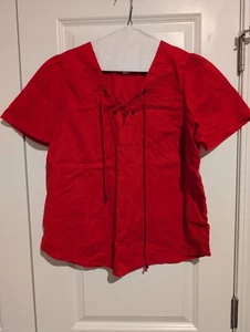 Knox Rose Top Womens M Red Lace Up V Neck Boho 100% Cotton Short Sleeve - Picture 1 of 6