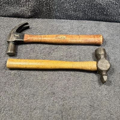 2 used Hammer - 1 ball pein & 1 Claw both Wooden handles - Image 1 of 4