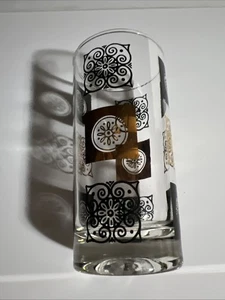 Vintage Mid Century Black And Gold Highball Glass Scroll Design Barware - Picture 1 of 3