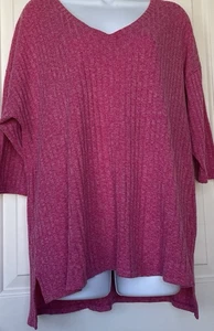 Faded Glory Women’s 1X Pink Vertical Ribbed Pullover V Neck 3/4 Sleeve Top - Picture 1 of 6