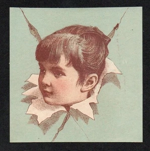 Victorian Trade Card Cutout - Boys Head Through Paper "A" Late 1800's. - Bild 1 von 2